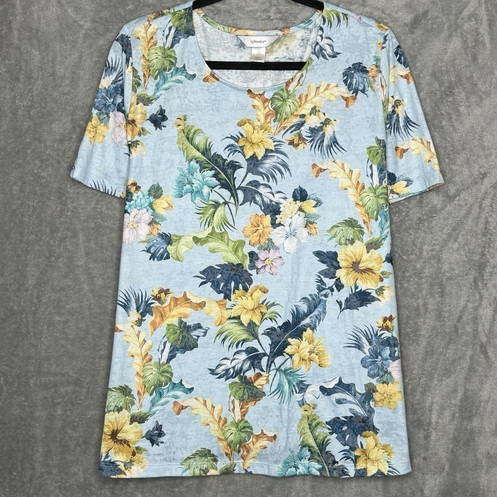 CJ Banks 1X Shirt Top Blue Floral Flower Short Sleeve Scoop Neck Cotton Knit